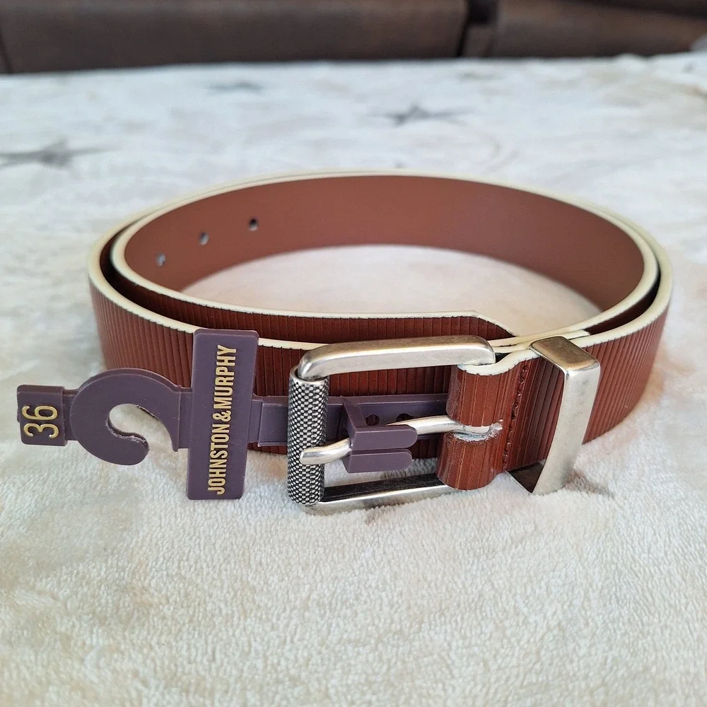 Johnston And Murphy Tan Ribbed Leather Belt Style 75–7731 Size 36 New With Tag